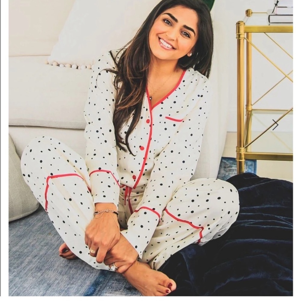 SUMMERSALT Women’s 1X Cloud 9 Silky PJ Set Polka Dot Pink Trim - Picture 1 of 8